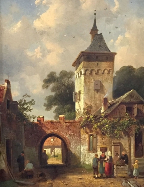 painting of tower and stone arch