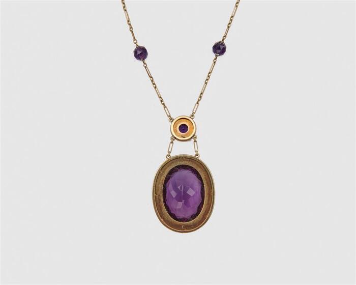 14K Gold Amethyst, Enamel, and Seed Pearl Pendant Necklace