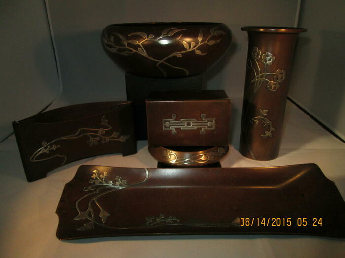 6 pieces of bronze tableware with sterling overlay