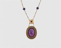 14K Gold Amethyst Enamel and Seed Pearl Pendant Necklace